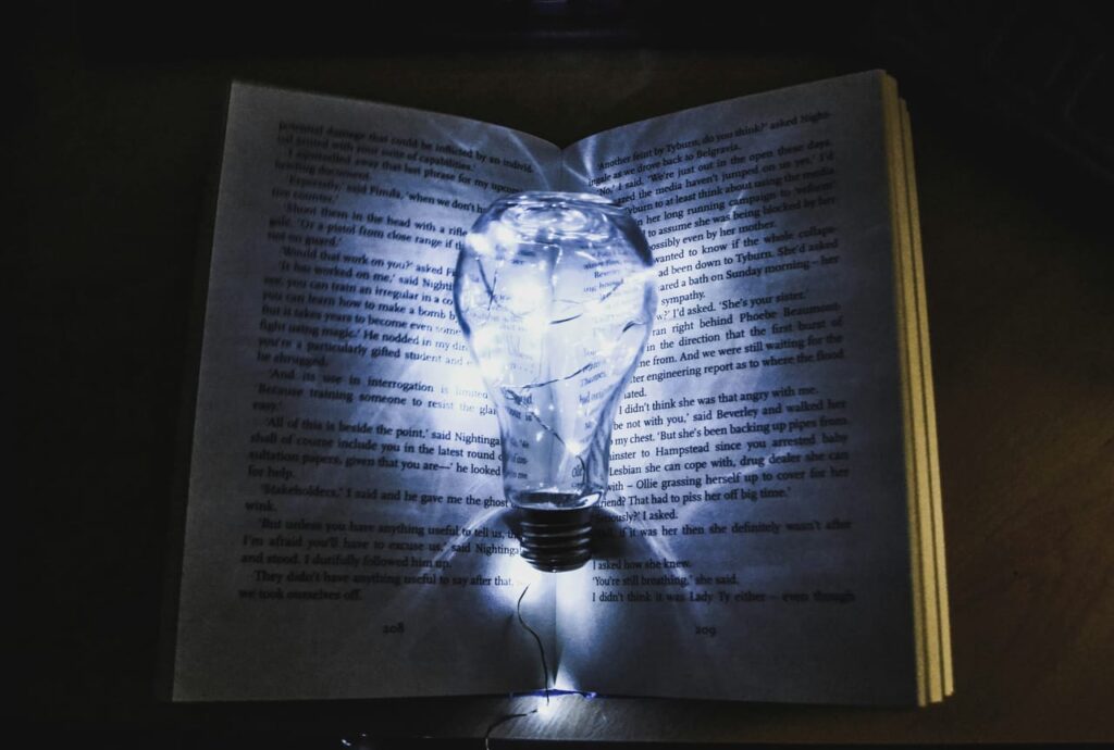 Bulb with string lights on book page