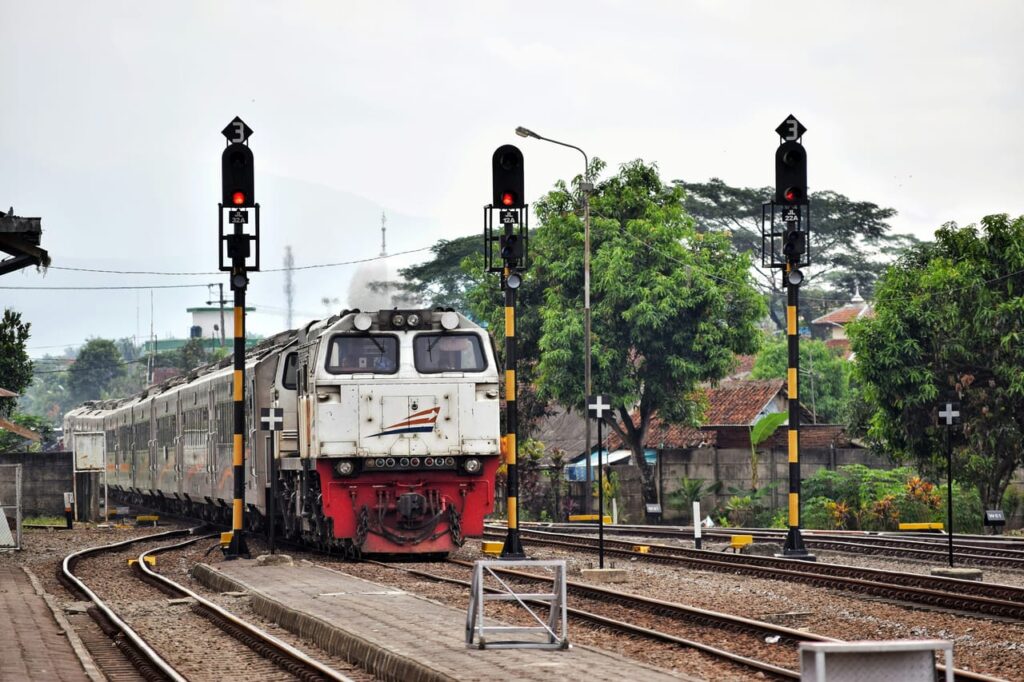 Train passing near house and trees during daytime